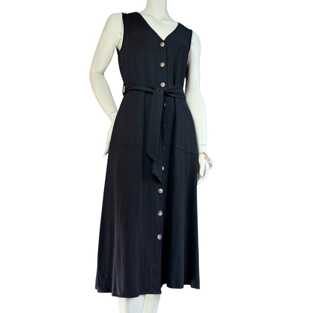 Kaffe Button Front Maxi Dress Black Linen Blend V-Neck Scandi Quiet Luxury M